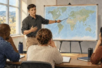 Conceptual painting of a service member practices a briefing in a professional education classroom.