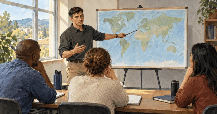 Conceptual painting of a service member practices a briefing in a professional education classroom.