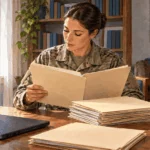 Conceptual painting of an officer organizing records before a promotion review.