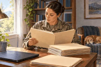 Conceptual painting of an officer organizing records before a promotion review.