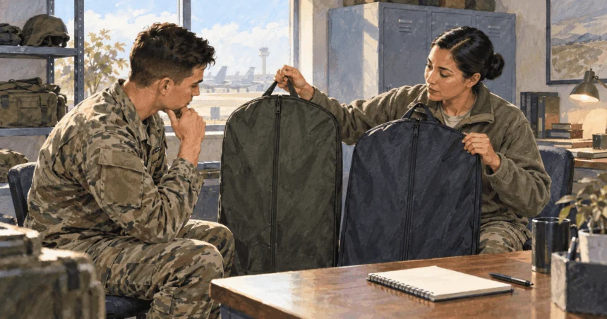Conceptual painting of a service member discussing a possible branch transfer with a military personnel counselor.