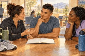 Conceptual painting of a service member discussing whole-person readiness after exercise.