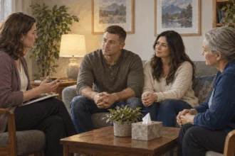 A military family speaks with a counselor in a private room.