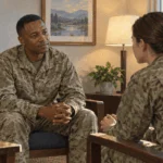 A military chaplain listens to a service member.