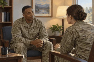 A military chaplain listens to a service member.