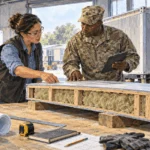 Painted illustration of a civilian engineer and military officer inspecting a building component.