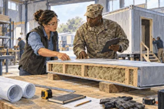 Painted illustration of a civilian engineer and military officer inspecting a building component.