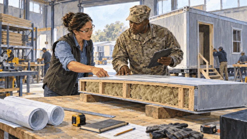 Painted illustration of a civilian engineer and military officer inspecting a building component.
