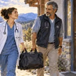 Conceptual watercolor of a young clinician and mentor entering a rural clinic.