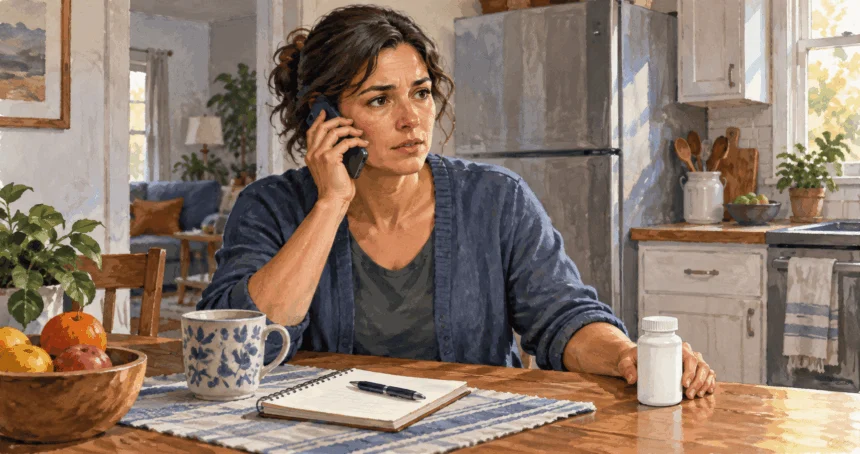 Conceptual painting of an adult calling for poison advice beside a closed medicine bottle.