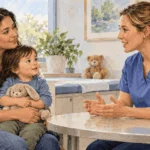 Conceptual watercolor painting of a parent and child speaking with a nurse at a pediatric clinic.