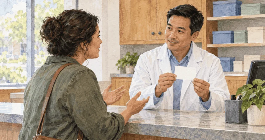 Conceptual watercolor painting of person asks pharmacist about vaccination access.