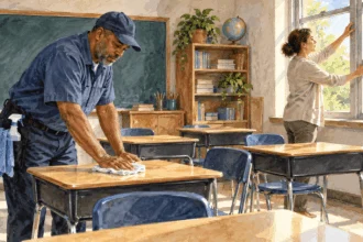 Conceptual watercolor of a custodian and teacher preparing a clean classroom.