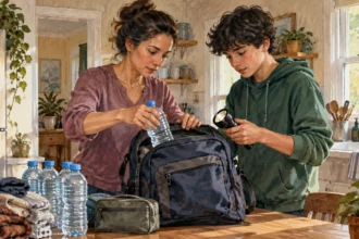 Conceptual painting of a family packing a basic emergency go-bag.