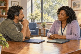 Conceptual watercolor of an adult speaking with a resource navigator in a library.