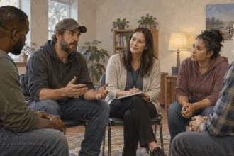 Adults support one another in a community recovery meeting.