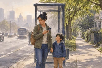 Conceptual painting of a parent and child considering a route on a hazy day.
