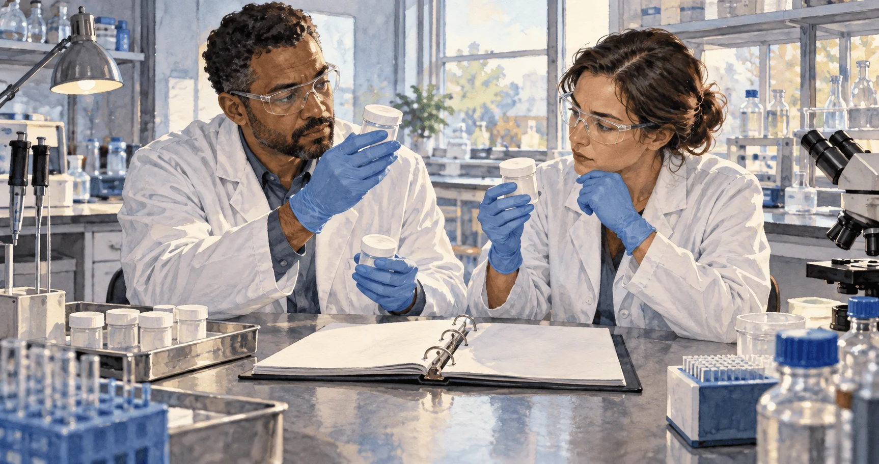 Conceptual watercolor of scientists examining sealed medicine samples and a blank binder.