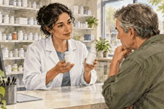 Conceptual watercolor painting of pharmacist compares two unbranded medicine containers.