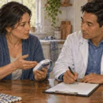 A consumer and pharmacist prepare a medical-product safety report.
