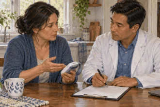 A consumer and pharmacist prepare a medical-product safety report.