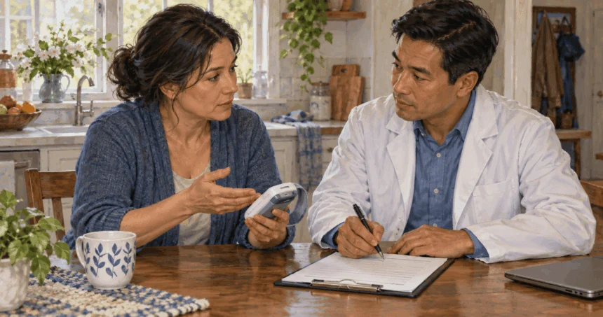 A consumer and pharmacist prepare a medical-product safety report.
