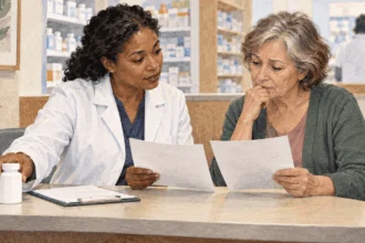 Pharmacist discusses an unmarked medicine bottle with a patient.