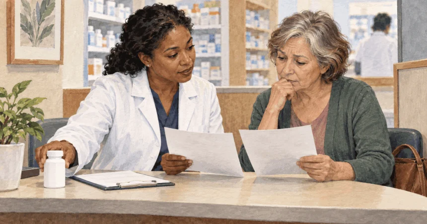 Pharmacist discusses an unmarked medicine bottle with a patient.