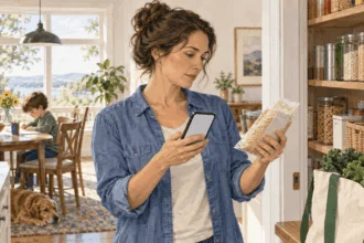 Conceptual watercolor painting of parent checks an unbranded food package at home.