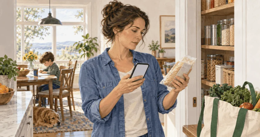 Conceptual watercolor painting of parent checks an unbranded food package at home.