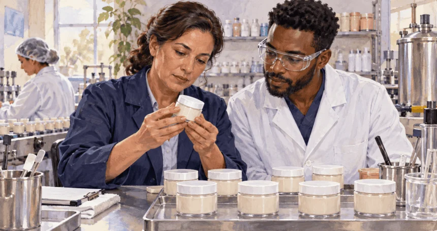 Conceptual painting of a quality inspector and chemist examining an unlabeled cosmetic jar.