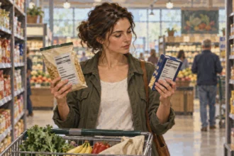 A shopper compares nutrition-information panels on two food packages.