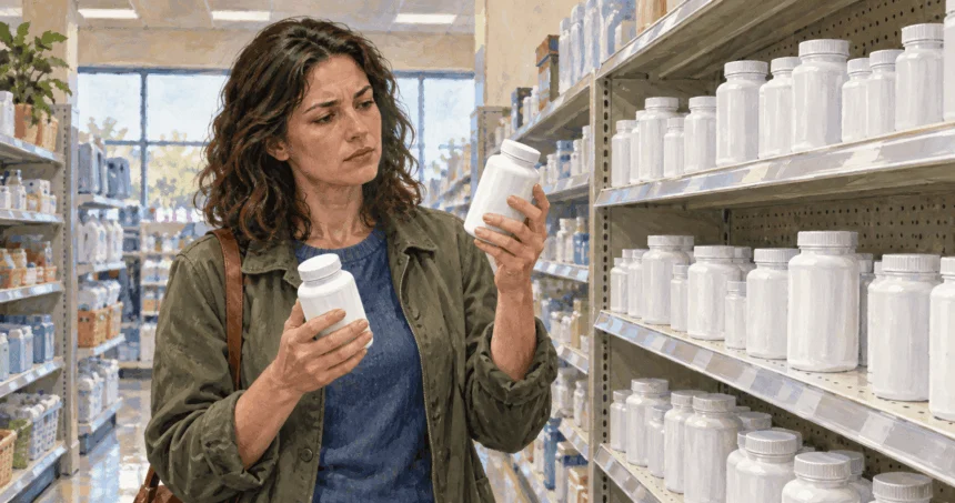 Conceptual painting of a shopper examining an unmarked supplement bottle in a store aisle.