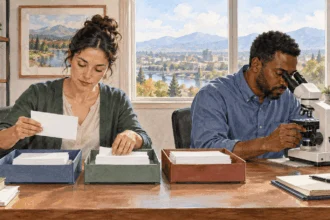 Conceptual watercolor painting of analysts sorting blank safety reports in a public-health office.