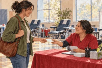 Conceptual watercolor painting of volunteer checks in at a blood drive.