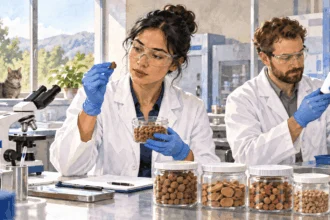 Conceptual painting of veterinary scientists examining food and medicine samples.