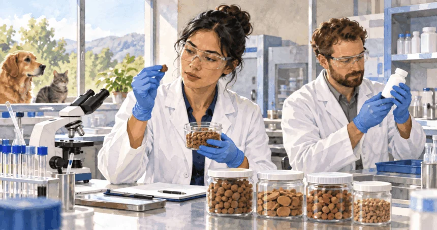 Conceptual painting of veterinary scientists examining food and medicine samples.