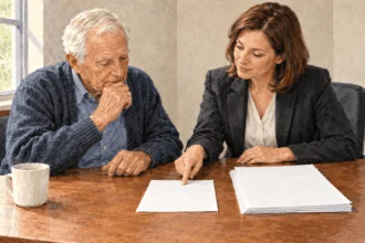 Conceptual painting of an applicant comparing a statement and benefit letter.