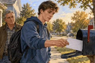 Conceptual painting of a young man mailing a registration envelope with a relative nearby.