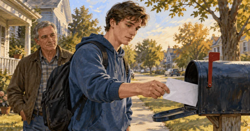 Conceptual painting of a young man mailing a registration envelope with a relative nearby.