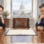 Conceptual painting of congressional and executive staff discussing war authorization.