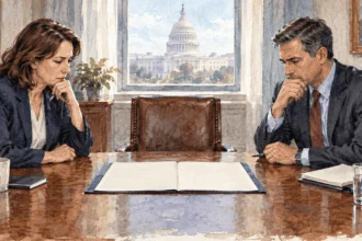 Conceptual painting of congressional and executive staff discussing war authorization.