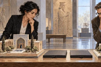 Conceptual painting of a researcher studying decades of U.S.-Iran correspondence.