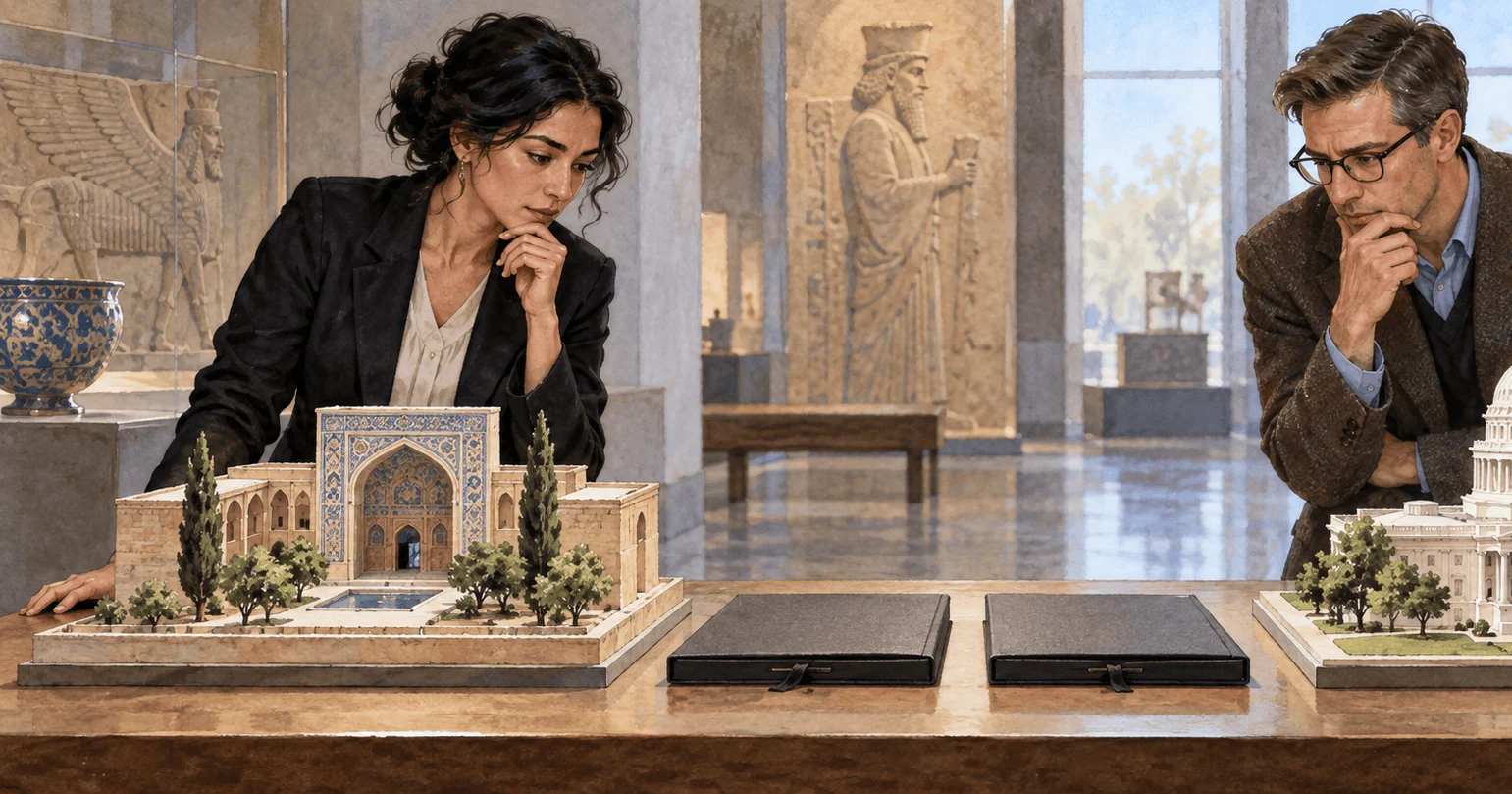 Conceptual painting of a researcher studying decades of U.S.-Iran correspondence.