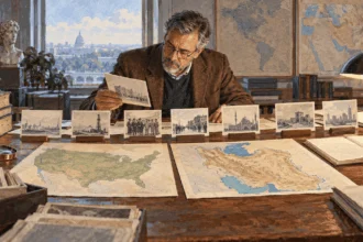 Painted illustration of historian examining archival images and maps of the United States and Iran.