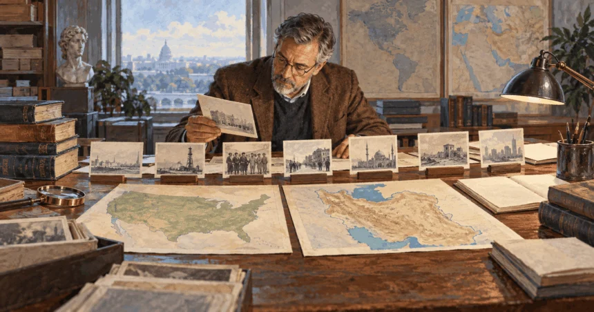Painted illustration of historian examining archival images and maps of the United States and Iran.