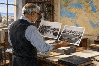 Painted illustration of foreign-policy historian compares two supported archival diplomatic photos beside an unlabeled map.