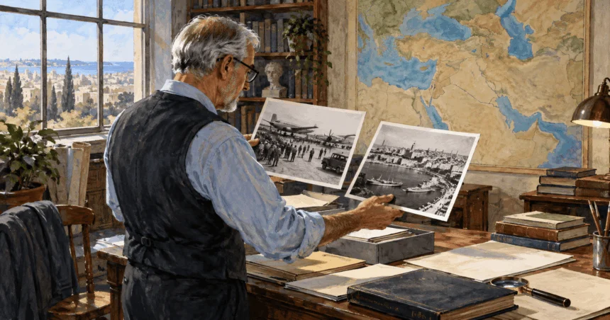 Painted illustration of foreign-policy historian compares two supported archival diplomatic photos beside an unlabeled map.