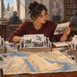 A historian compares archival photographs and a map of the Middle East.