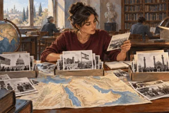 A historian compares archival photographs and a map of the Middle East.